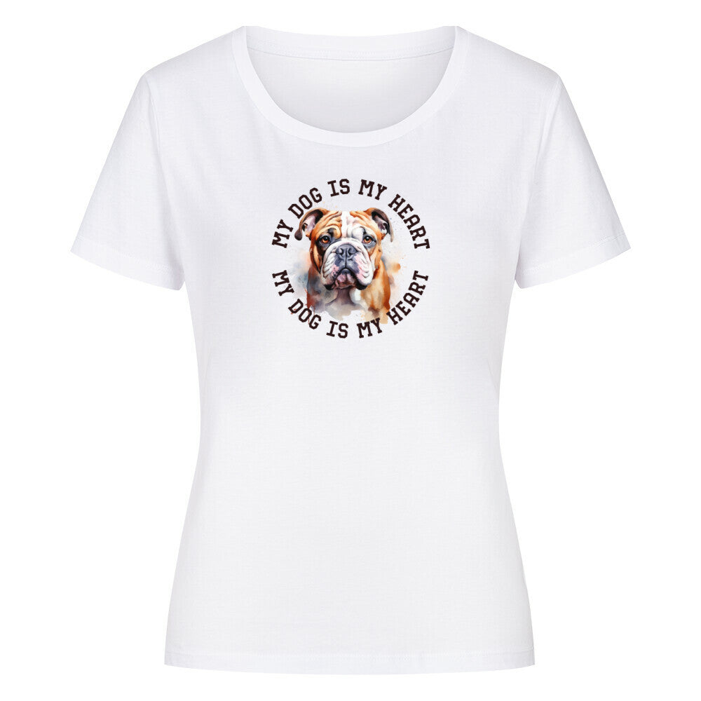 Premium Organic Damen-Shirt "English Bulldog HEART" Weiß – hunde-shirt.de