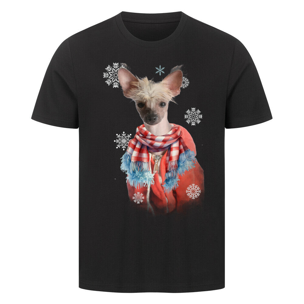 Premium T-Shirt "Chinese Crested Dog Winter" Schwarz – hunde-shirt.de