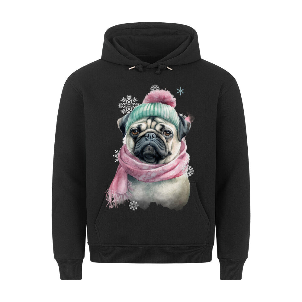 Premium Hoodie "Mops Winter rosa" Schwarz – hunde-shirt.de