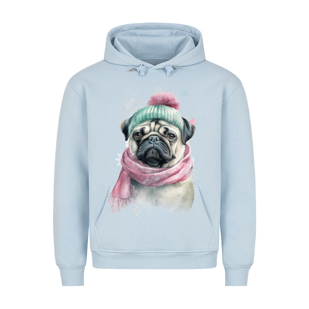 Premium Hoodie "Mops Winter rosa" Babyblau – hunde-shirt.de
