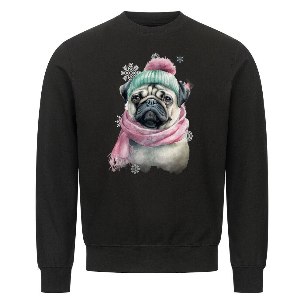 Premium Sweatshirt "Mops Winter rosa" Schwarz – hunde-shirt.de