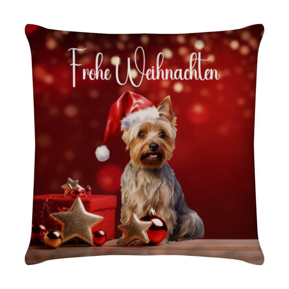 Kissen "Australian Terrier - Frohe Weihnachten" Weiß – hunde-shirt.de