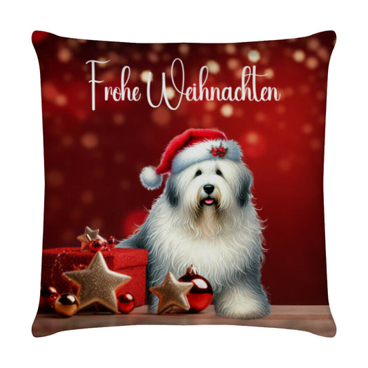 Kissen "Bobtail - Frohe Weihnachten" Weiß – hunde-shirt.de