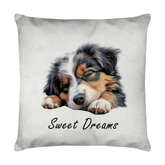 Kissen "Australian Shepherd Puppy - Sweet Dreams" Weiß – hunde-shirt.de