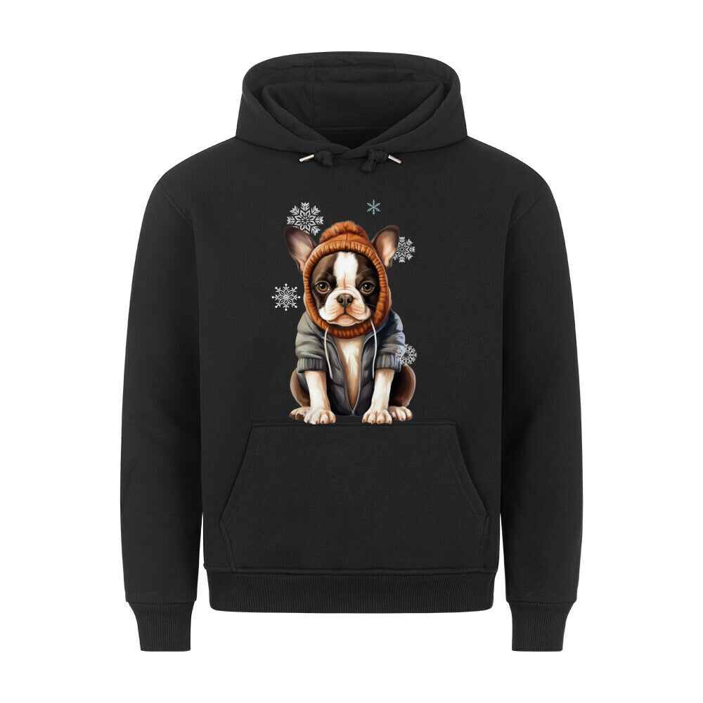Premium Hoodie "Boston Terrier Winterbub" Schwarz – hunde-shirt.de