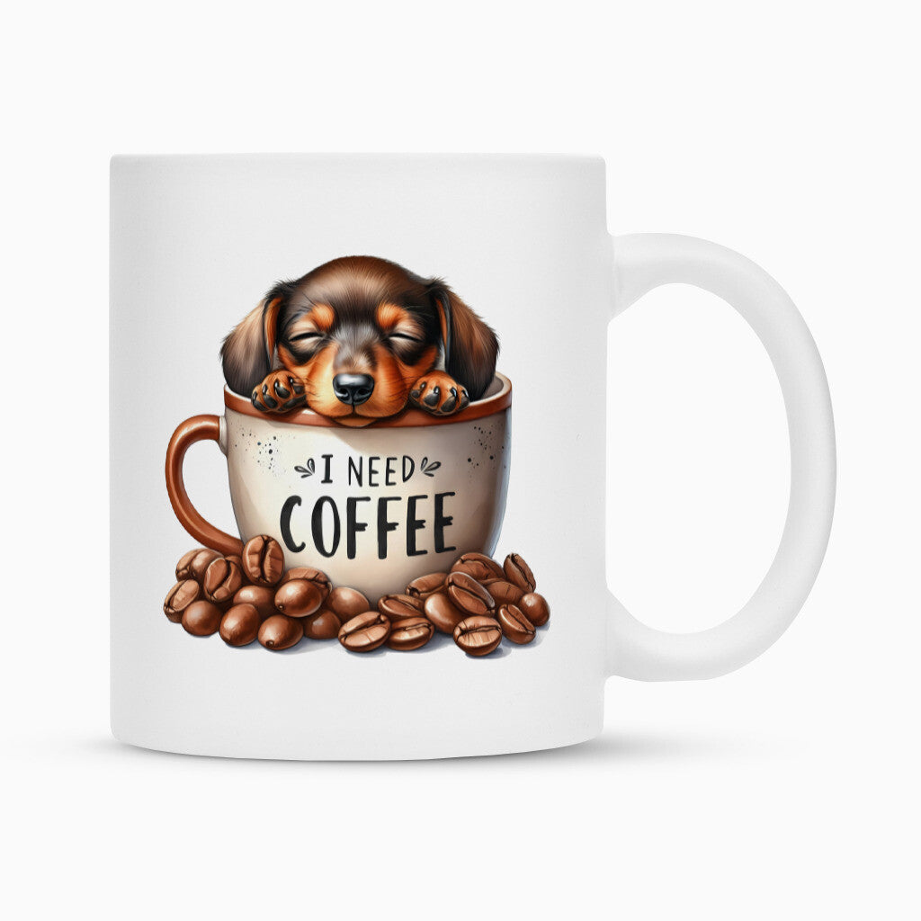 Tasse "Dackel- I need Coffee" Weiß – hunde-shirt.de