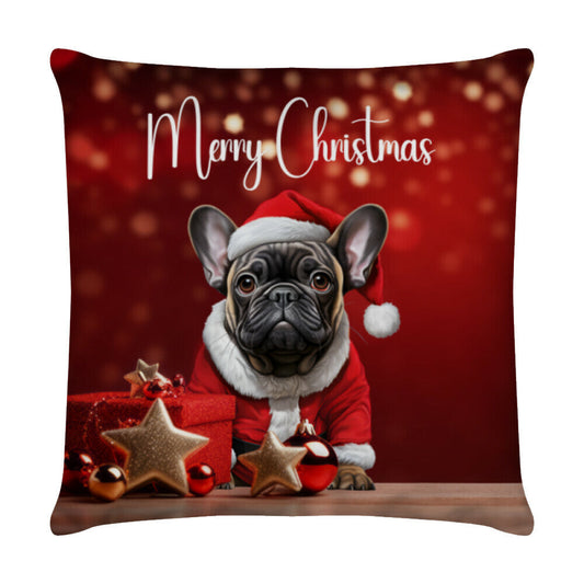 Kissen "Frenchie schwarz / braun - Merry Christmas" Weiß – hunde-shirt.de