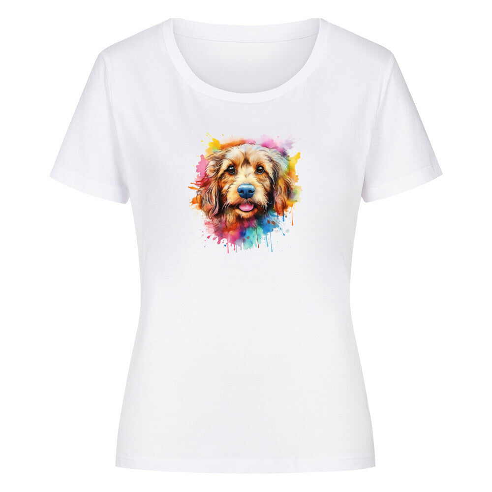 Premium Organic Damen-Shirt "Golden Doodle Splash" Weiß – hunde-shirt.de