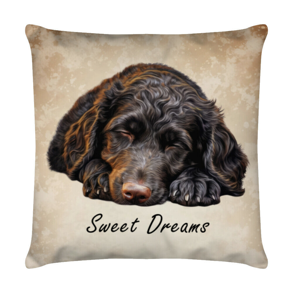 Kissen "Curly Coated Puppy - Sweet Dreams" Weiß – hunde-shirt.de