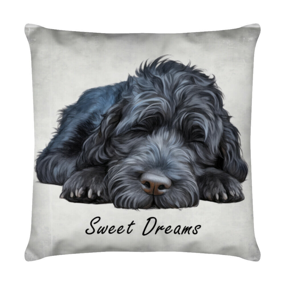 Kissen "Labradoodle Puppy dunkel - Sweet Dreams" Weiß – hunde-shirt.de