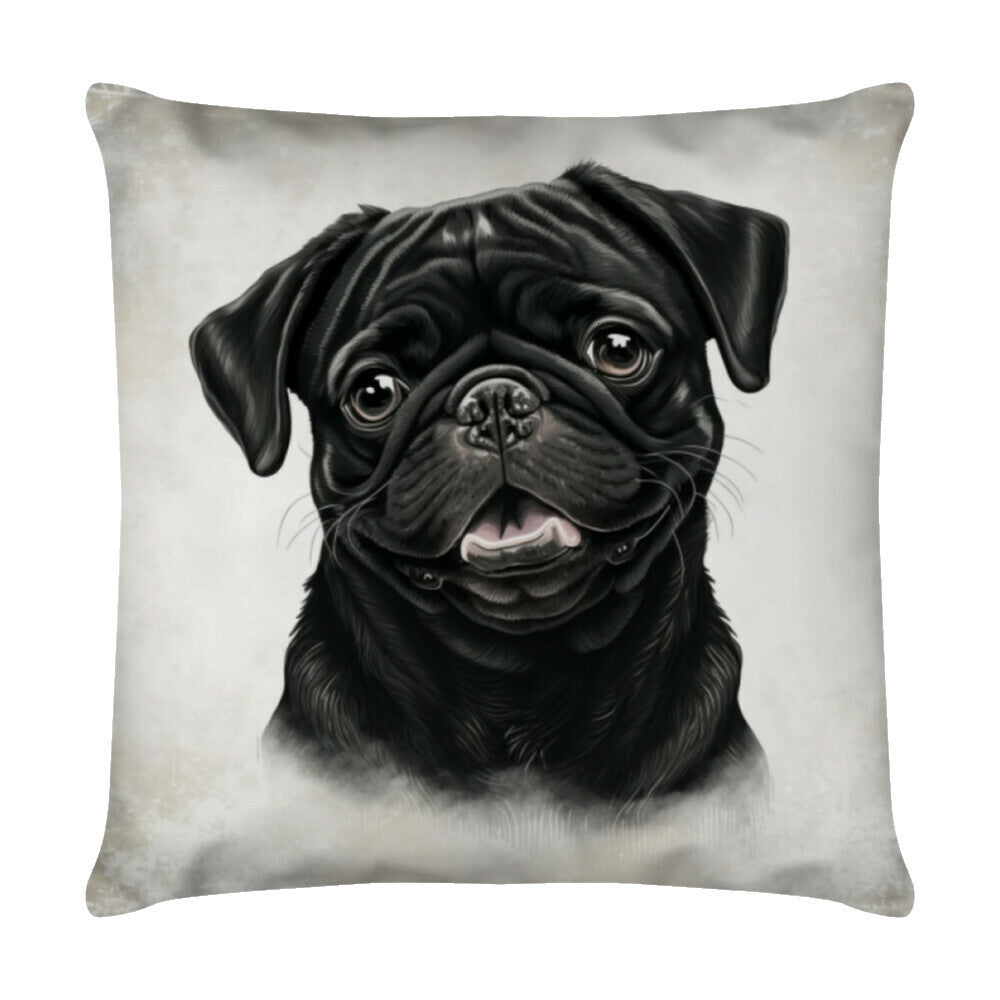 Kissen "Mops schwarz - Portrait" Weiß – hunde-shirt.de
