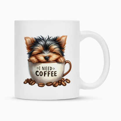 Tasse "Yorkshire Terrier - I need coffee" Weiß – hunde-shirt.de