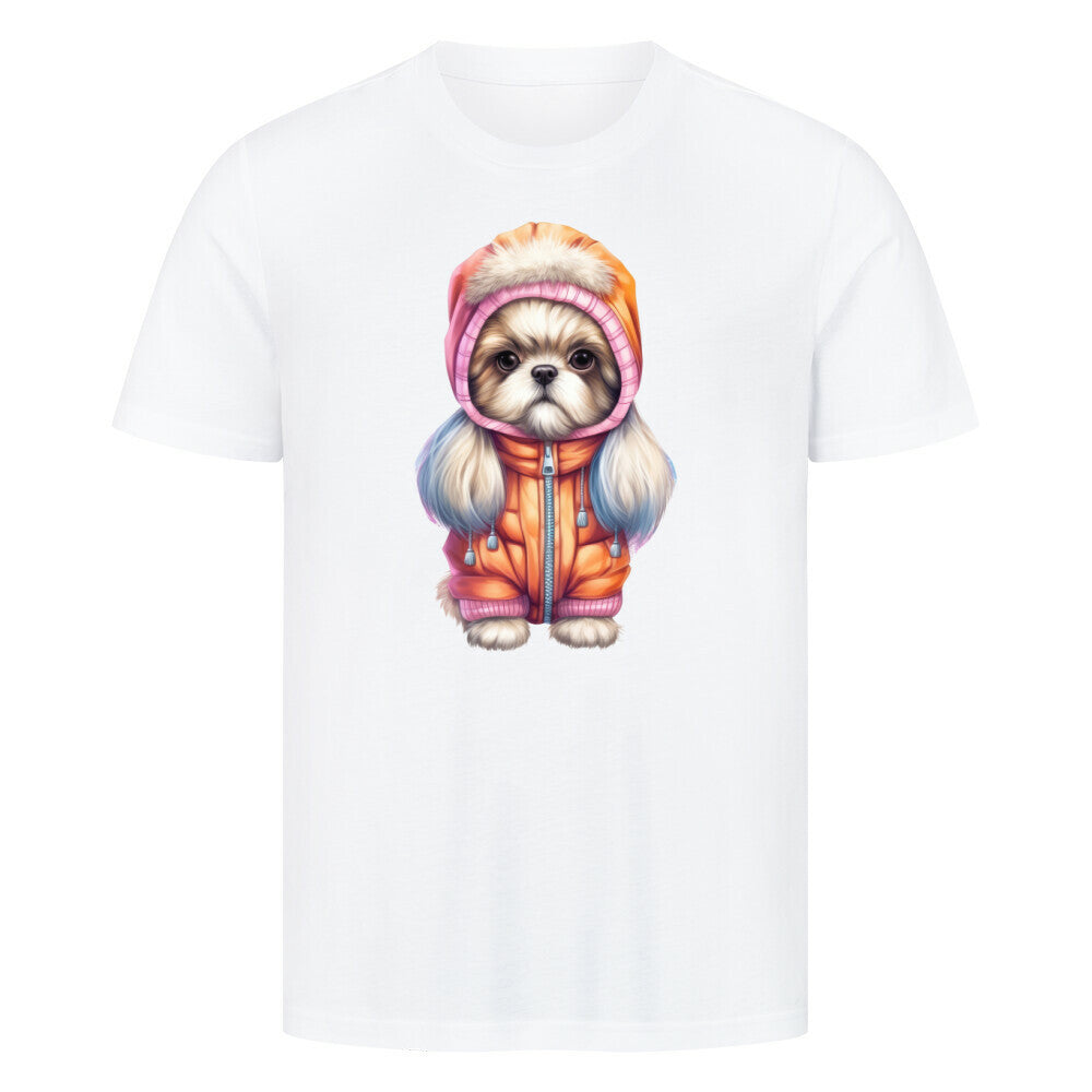 Premium T-Shirt "Tibet Spaniel - Winter" Weiß – hunde-shirt.de