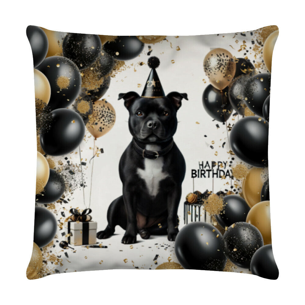 Kissen "Staffordshire Terrier - Geburtstag" Weiß – hunde-shirt.de