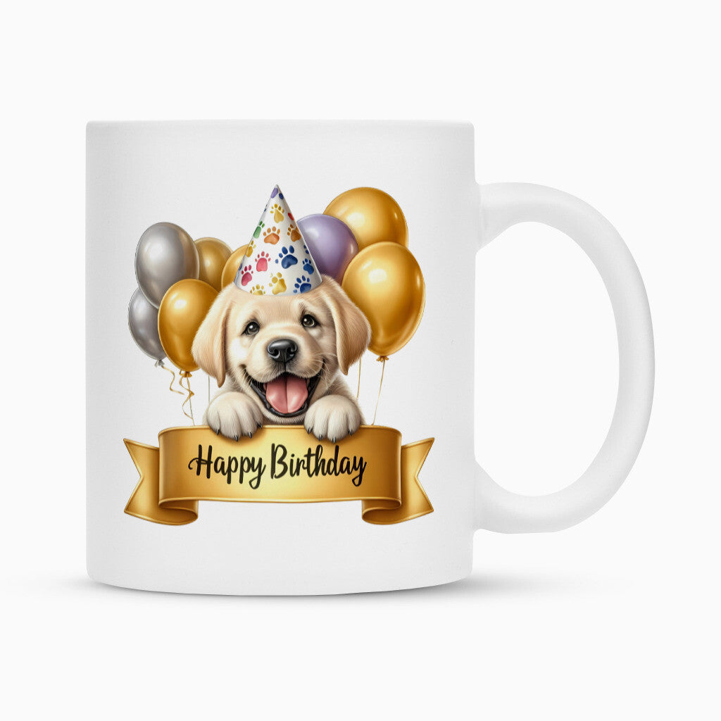 Tasse "Labrador ( hell ) - Happy Birthday" Weiß – hunde-shirt.de