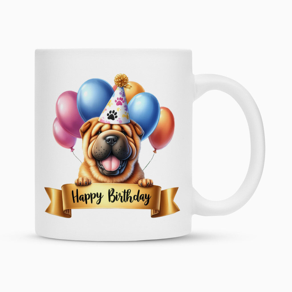 Tasse "Shar Pei - Happy Birthday" Weiß – hunde-shirt.de