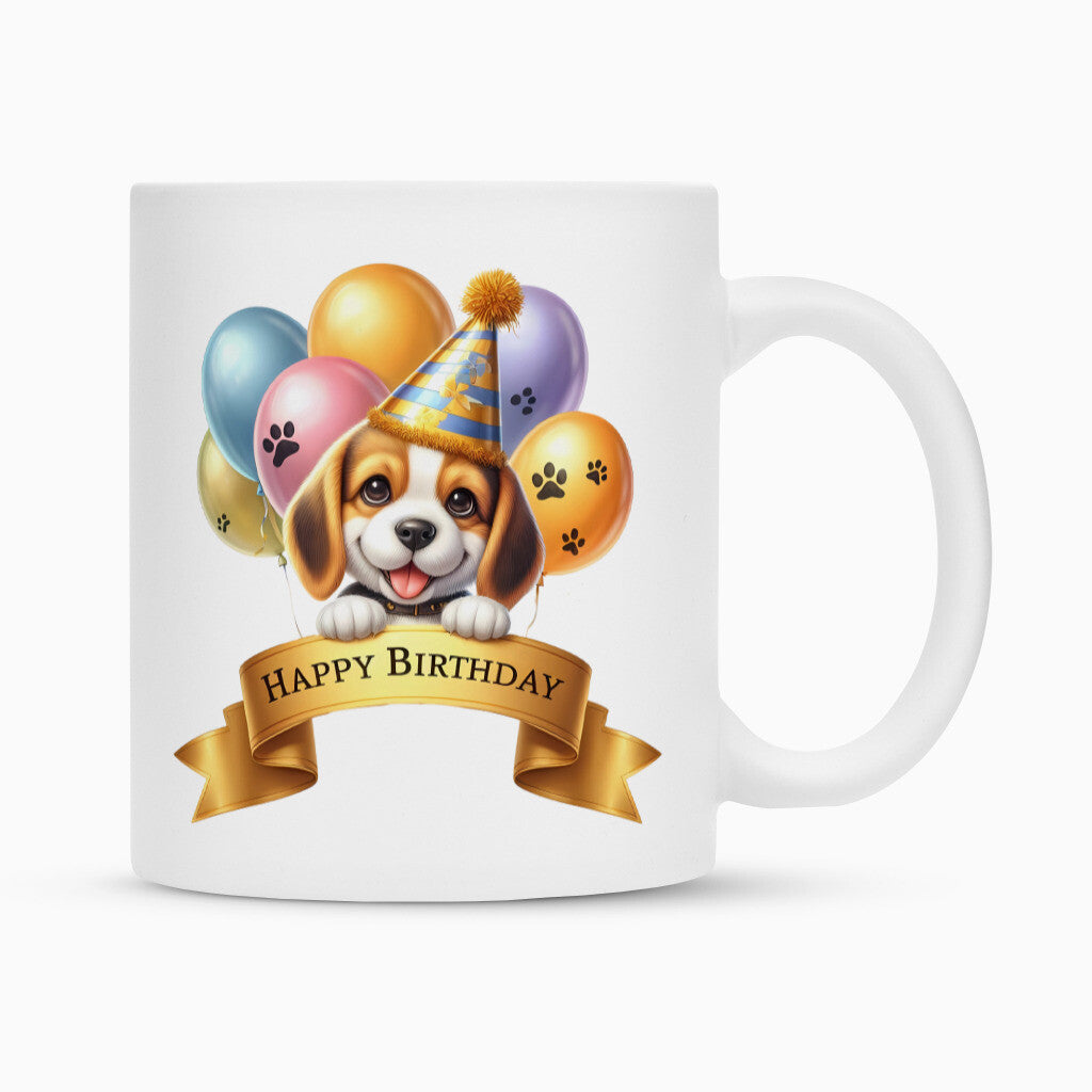 Tasse "Beagle Puppy - Happy Birthday" Weiß – hunde-shirt.de