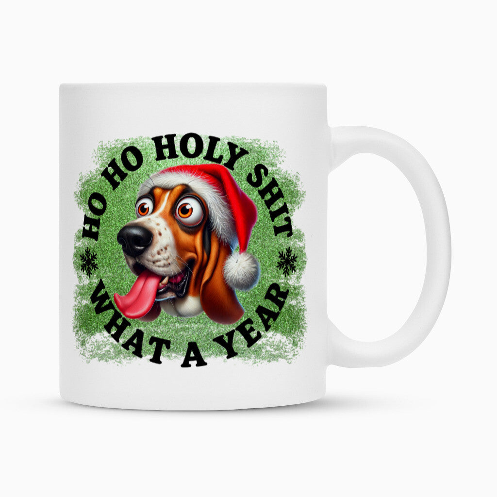 Tasse "Basset - HO HO..." Weiß – hunde-shirt.de