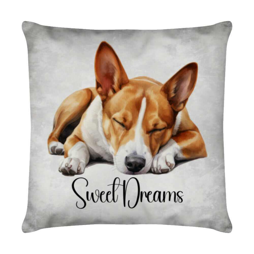 Kissen "Basenji - Sweet Dreams" Weiß – hunde-shirt.de