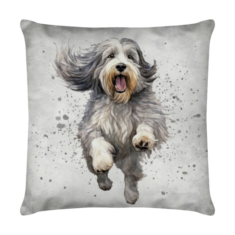 Kissen "Bearded Collie - Jump" Weiß – hunde-shirt.de
