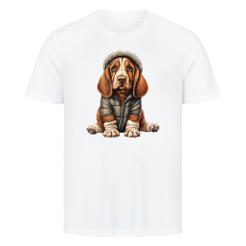 Premium T-Shirt "Basset - Winterbub" Weiß – hunde-shirt.de