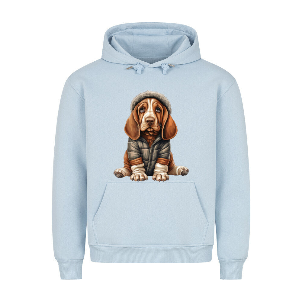 Premium Hoodie "Basset - Winterbub" Babyblau – hunde-shirt.de