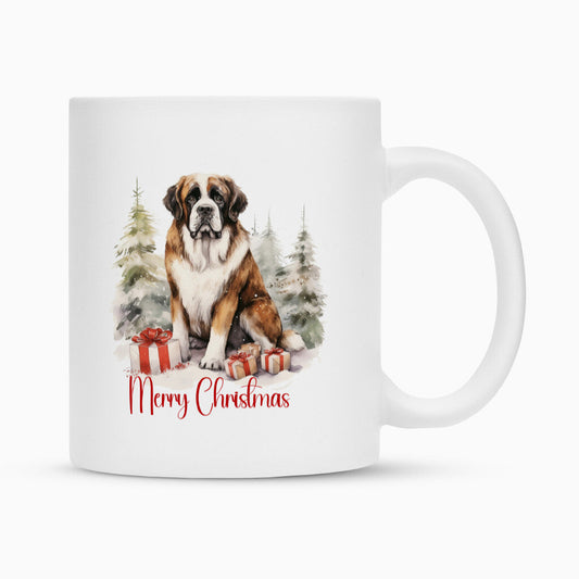 Tasse "Bernhardiner - Merry Christmas Wood" Weiß – hunde-shirt.de