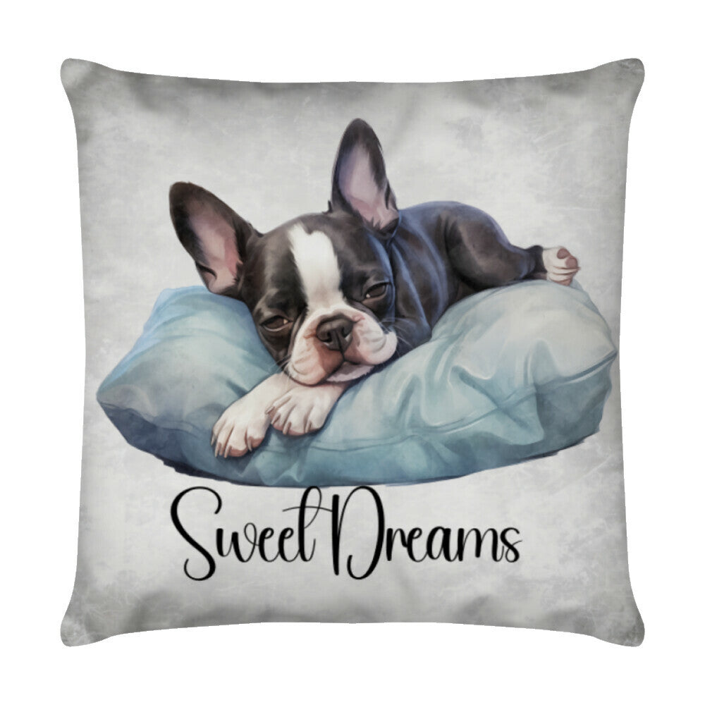 Kissen "Boston Terrier Puppy - Sweet Dreams" Weiß – hunde-shirt.de