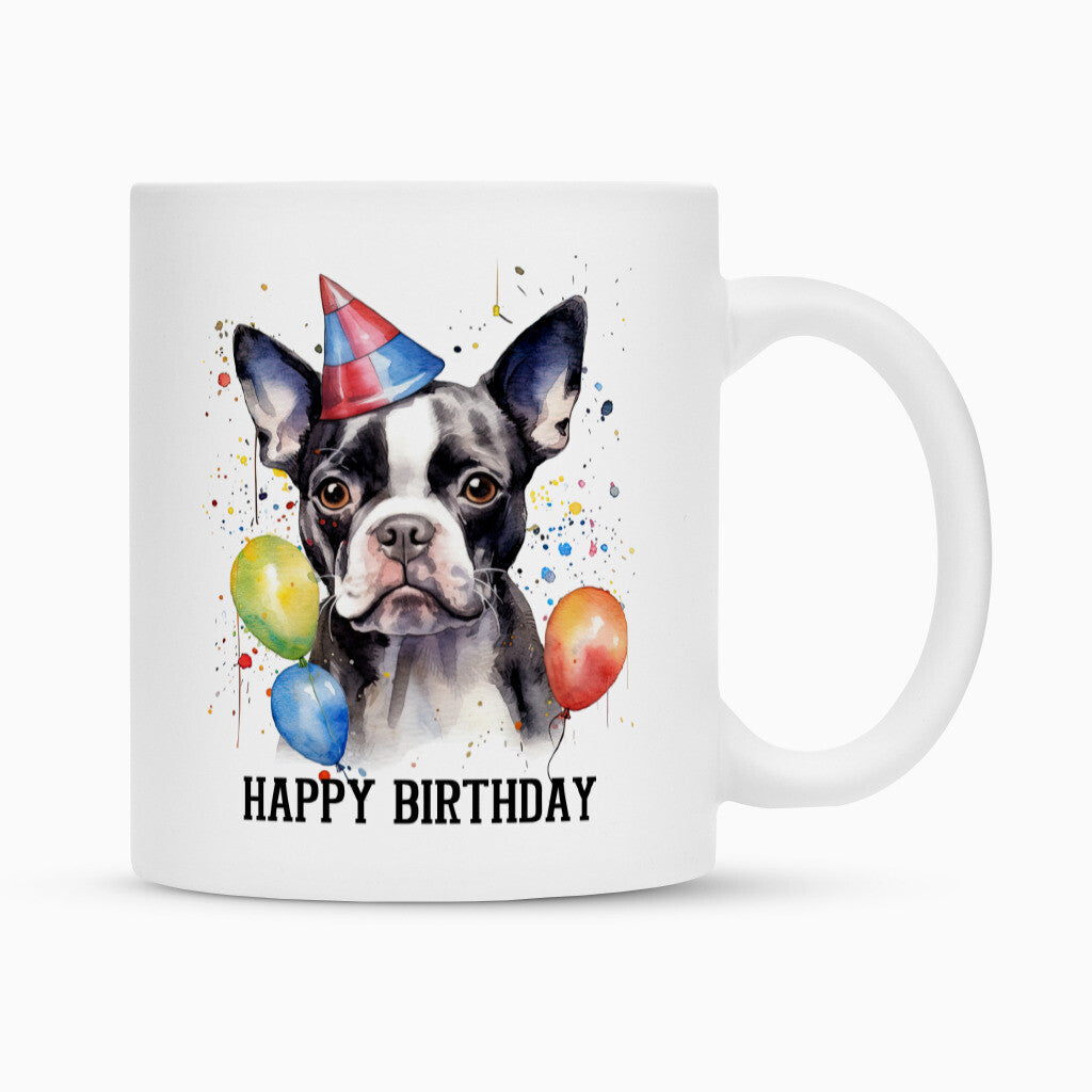Tasse "Boston Terrier - Happy Birthday" Weiß – hunde-shirt.de