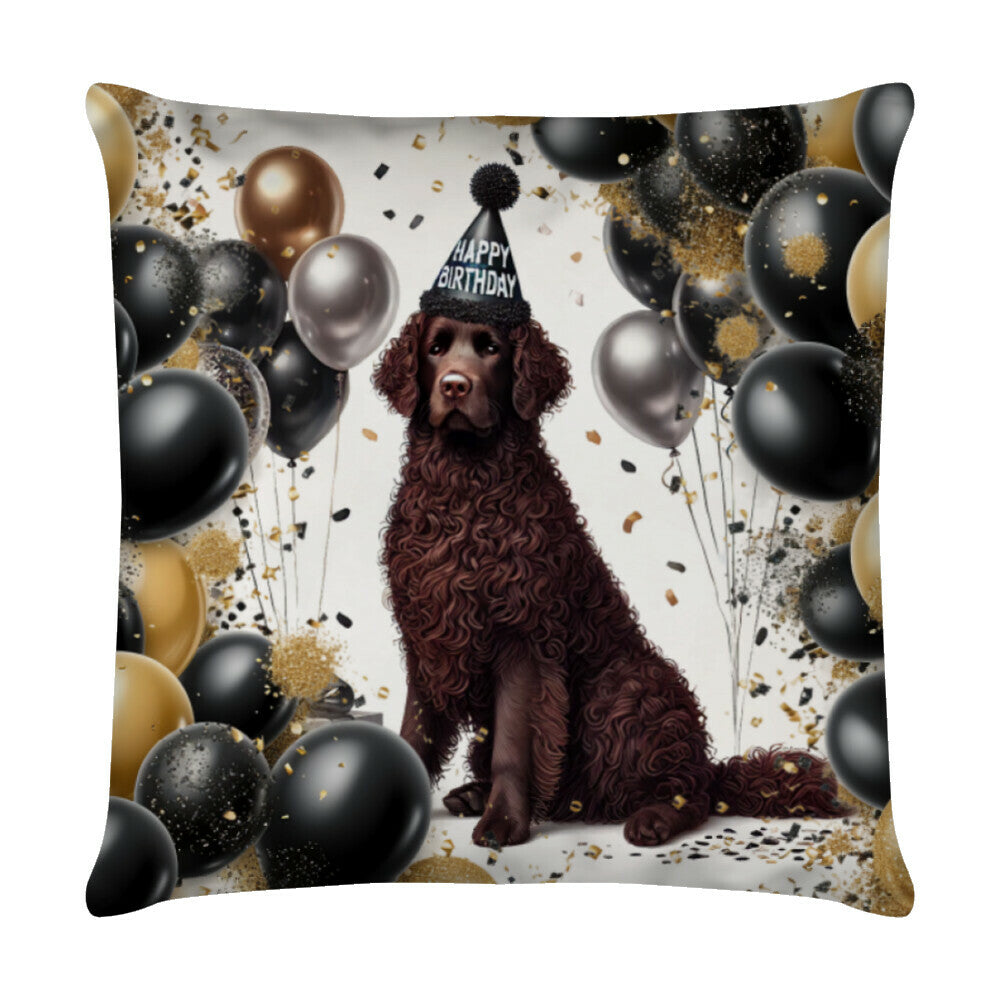 Kissen "Curly Coated Retriever ( braun ) - Geburtstag" Weiß – hunde-shirt.de