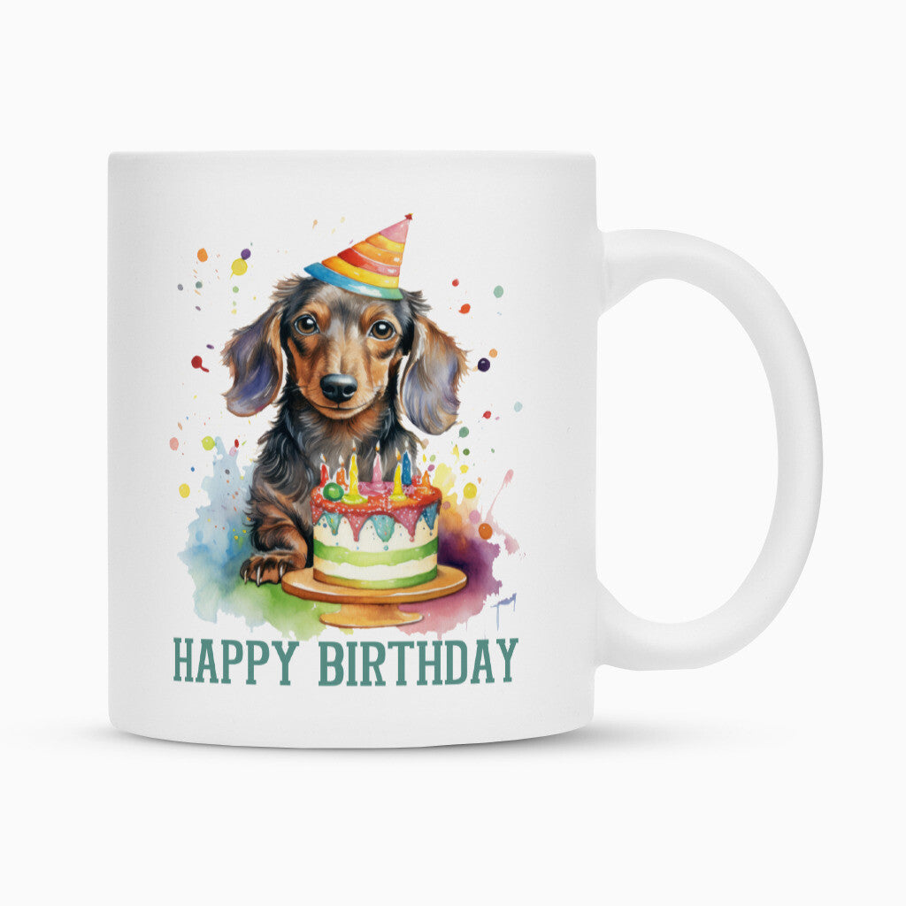 Tasse "Dackel ( Langhaar ) - Happy Birthday" Weiß – hunde-shirt.de