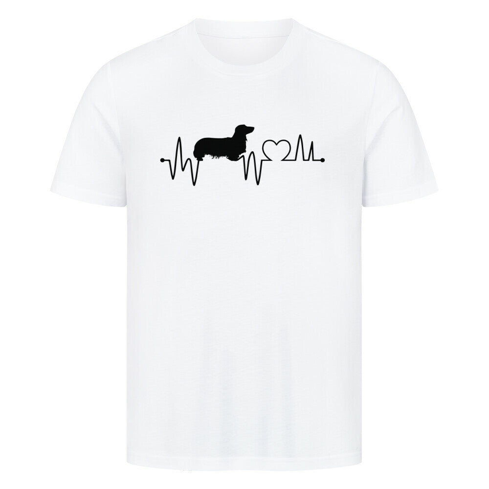 Premium T-Shirt "Dackel ( Langhaar ) - Heartbeat" Weiß – hunde-shirt.de