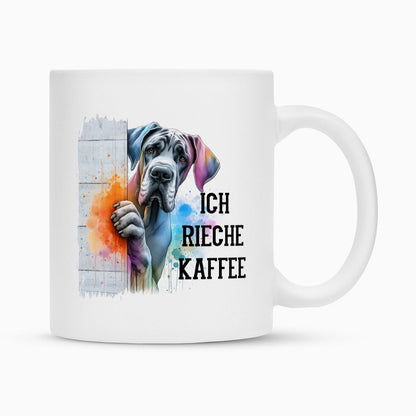 Tasse "Deutsche Dogge - Ich rieche Kaffee 2" Weiß – hunde-shirt.de