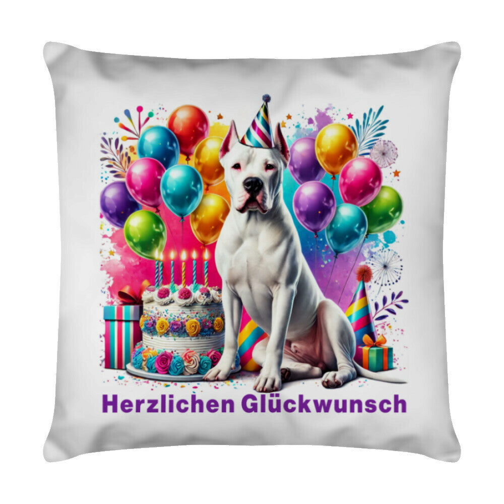 Kissen "Dogo Argentino - Herzlichen Glückwunsch" Weiß – hunde-shirt.de