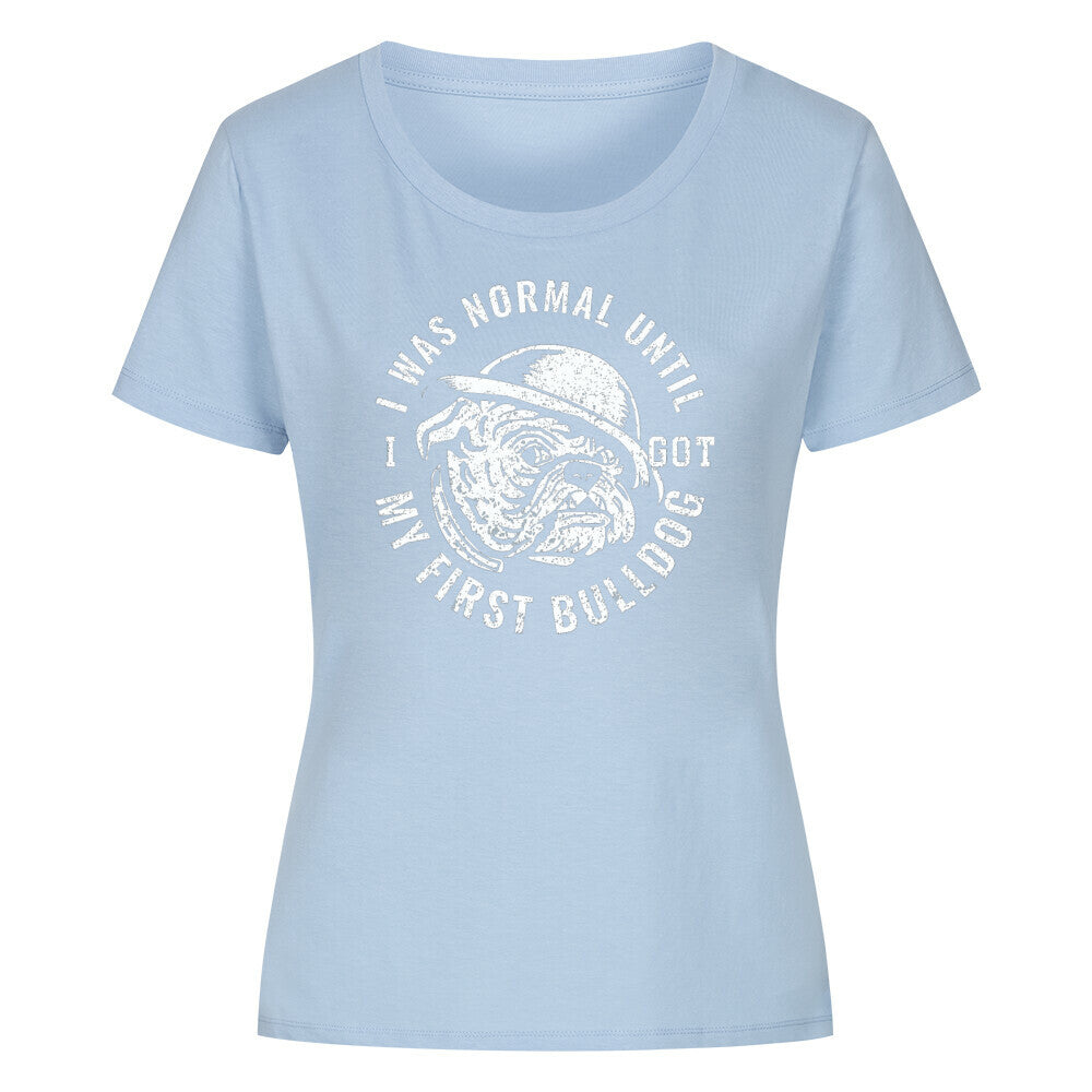 Premium Organic Damen-Shirt "My first Bulldog" Sky Blue – hunde-shirt.de