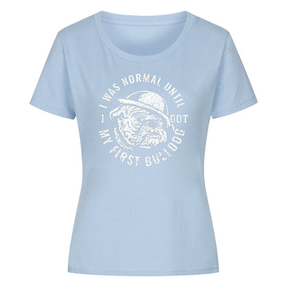 Premium Organic Damen-Shirt "My first Bulldog" Sky Blue – hunde-shirt.de