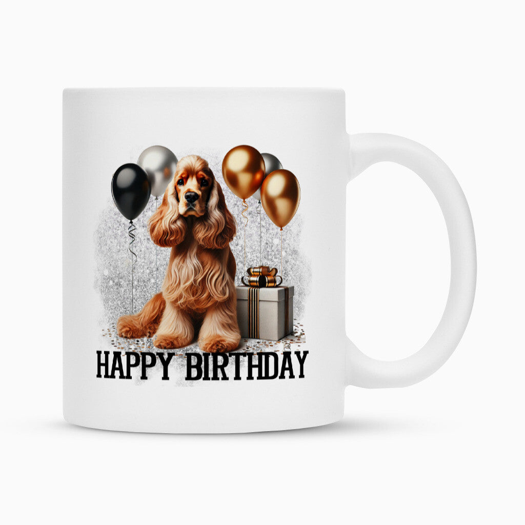 Tasse "English Cocker Spaniel - Happy Birthday" Weiß – hunde-shirt.de
