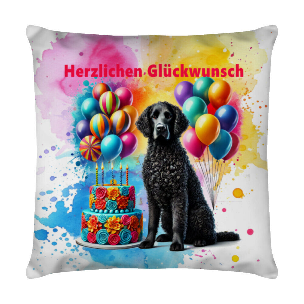 Kissen "Curly Coated - Herzlichen Glückwunsch" Weiß – hunde-shirt.de