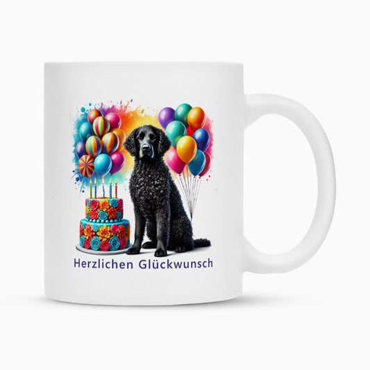 Tasse "Curly Coated - Herzlichen Glückwunsch" Weiß – hunde-shirt.de