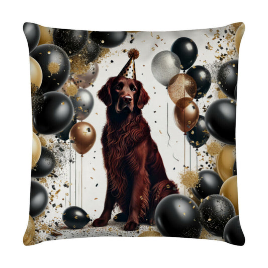 Kissen "Flat Coated ( braun ) - Geburtstag" Weiß – hunde-shirt.de