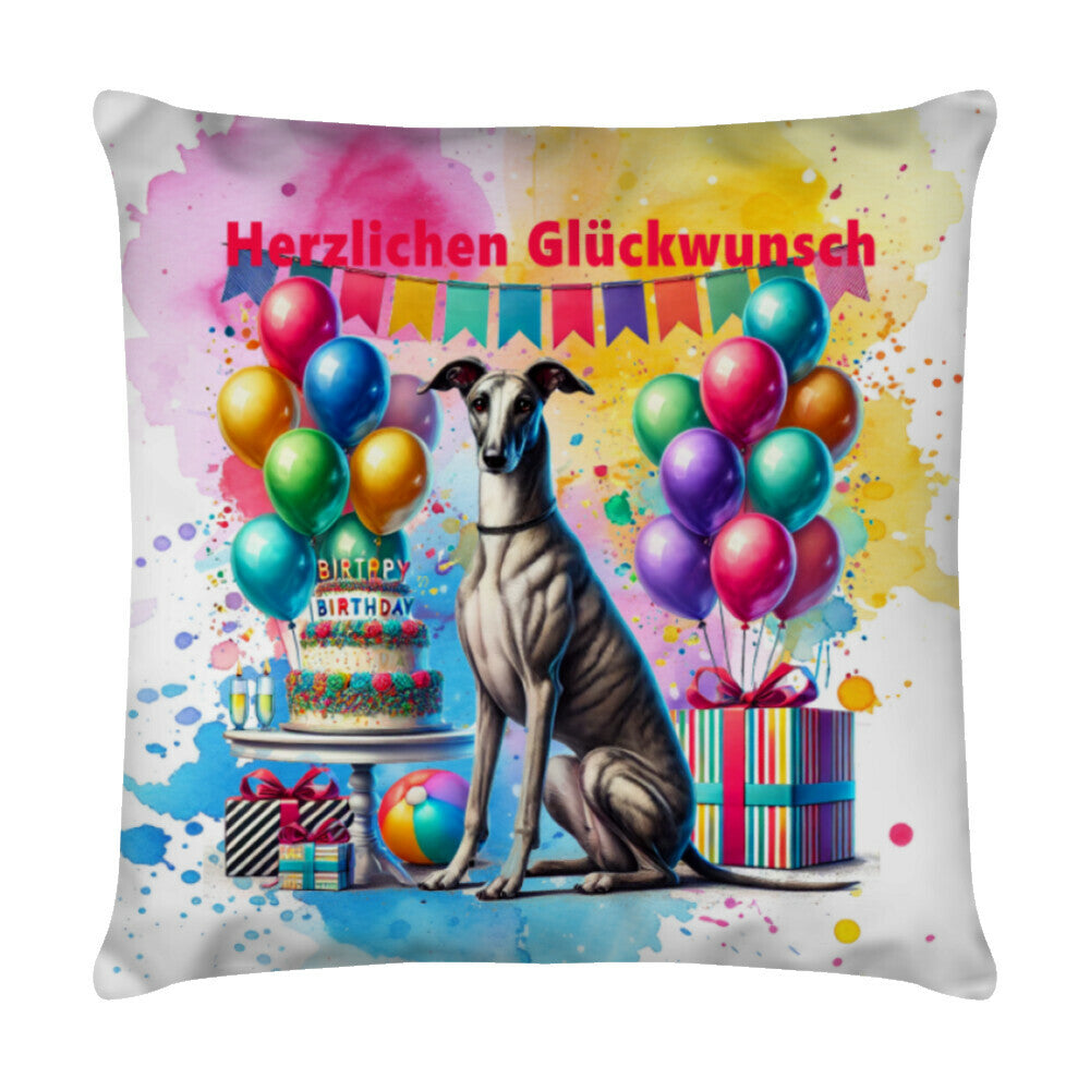 Kissen "Galgo - Herzlichen Glückwunsch" Weiß – hunde-shirt.de