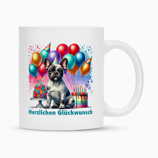 Tasse "Frenchie Merle - Herzlichen Glückwunsch" Weiß – hunde-shirt.de