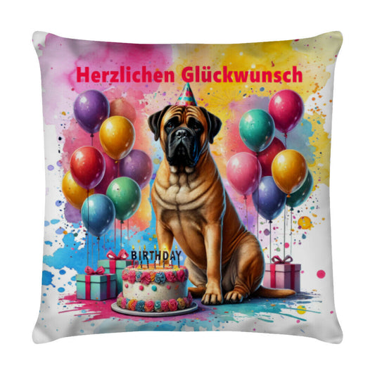 Kissen "Bullmastiff - Herzlichen Glückwunsch" Weiß – hunde-shirt.de