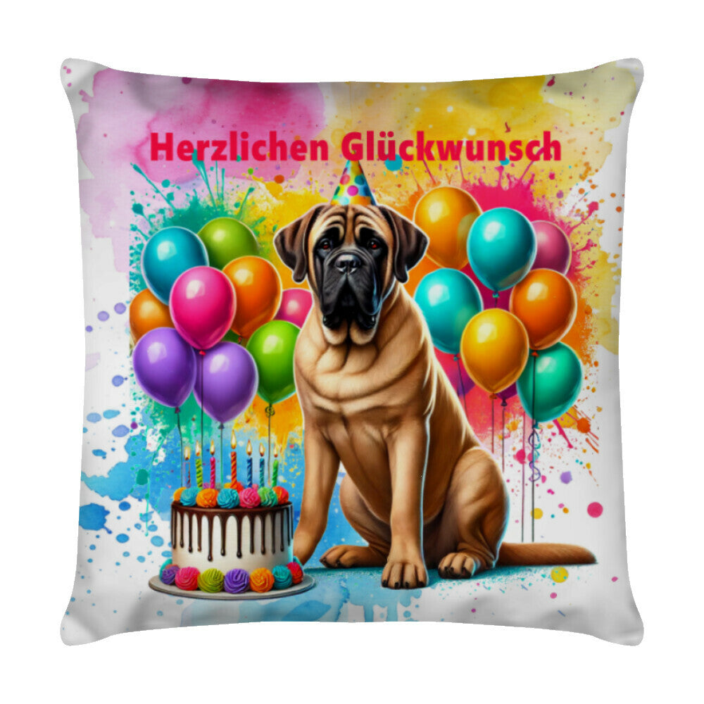 Kissen "English Mastiff - Herzlichen Glückwunsch" Weiß – hunde-shirt.de