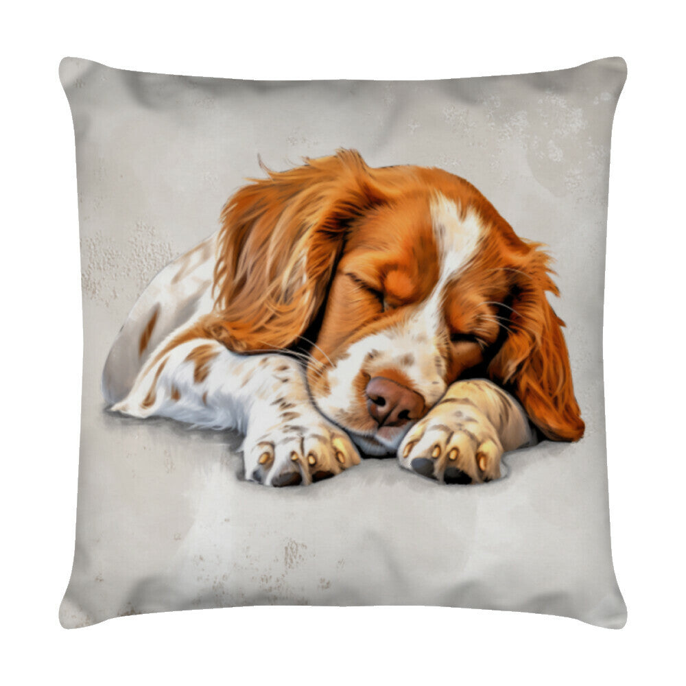 Kissen "Brittany Spaniel - Pause" Weiß – hunde-shirt.de