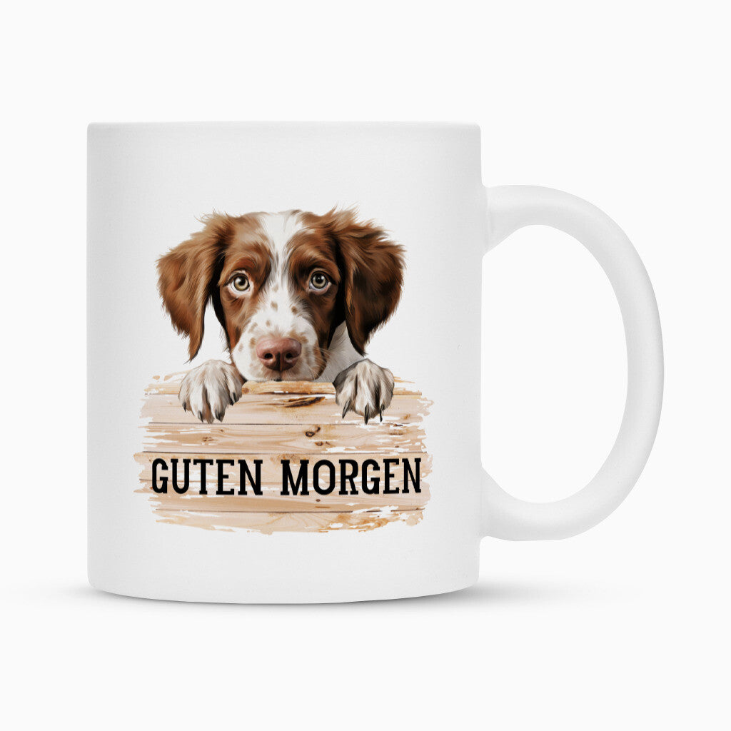 Tasse "Brittany Spaniel - Guten Morgen" Weiß – hunde-shirt.de