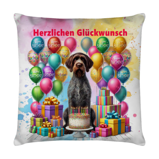 Kissen "Deutsch Drahthaar - Herzlichen Glückwunsch" Weiß – hunde-shirt.de