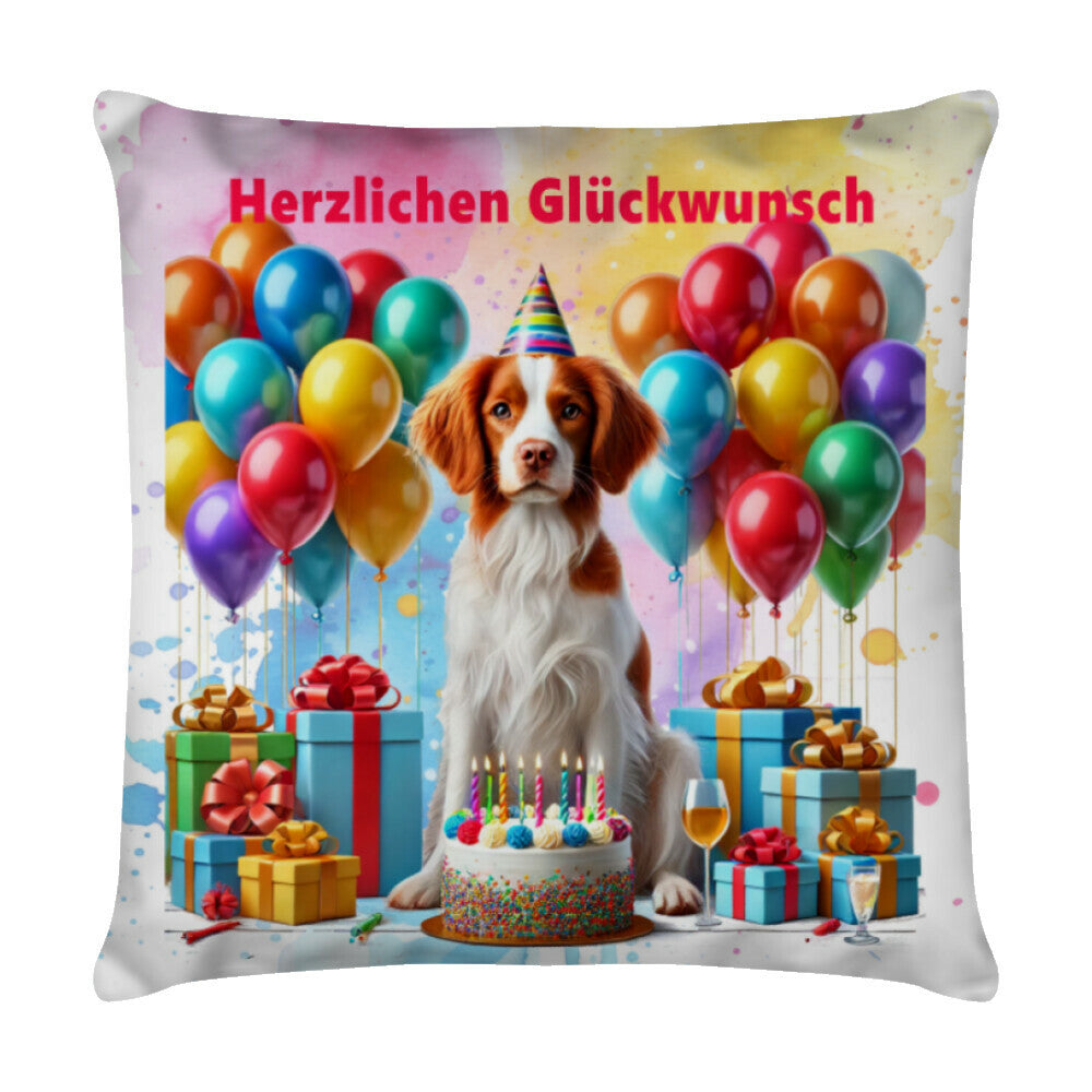 Kissen "Brittany Spaniel - Herzlichen Glückwunsch" Weiß – hunde-shirt.de