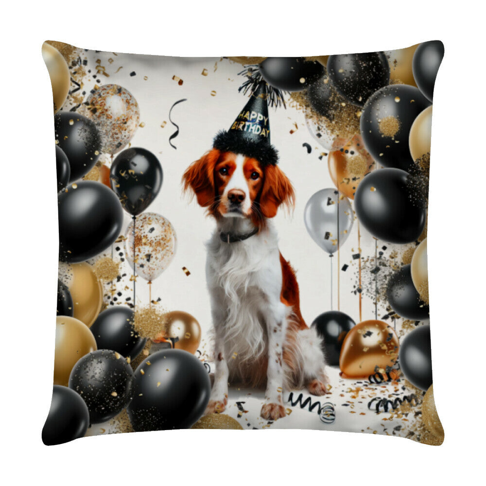 Kissen "Brittany Spaniel - Geburtstag" Weiß – hunde-shirt.de