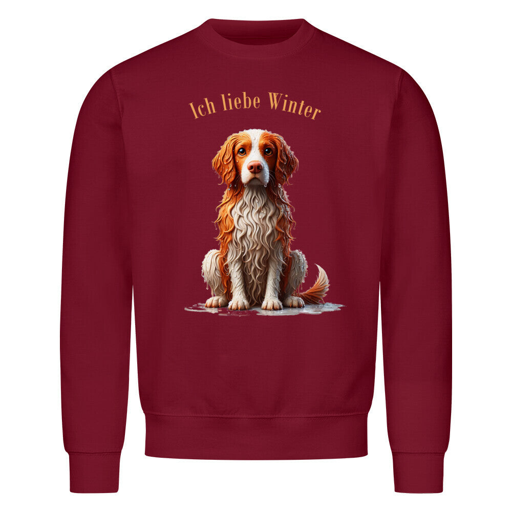 Premium Sweatshirt "Brittany Spaniel - Ich liebe Winter" Burgunder – hunde-shirt.de